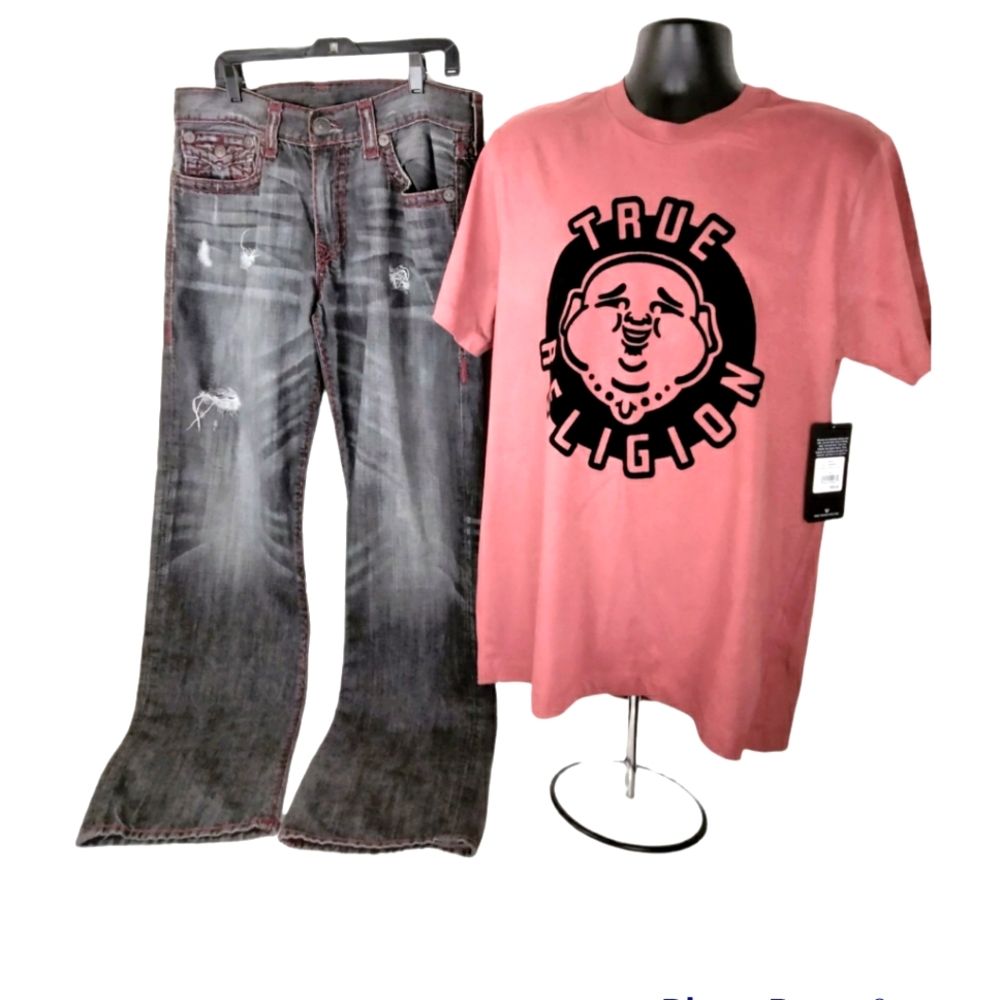 NWT Men True Religion Jeans w/ shirt size XL and 36,x 32 Maroon and Black.